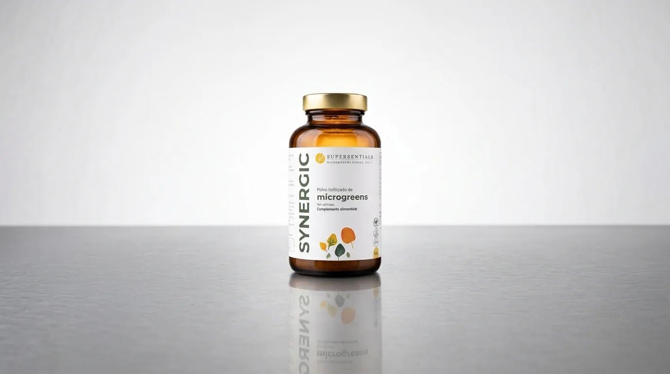 Bote de SYNERGIC sobre una superficie gris